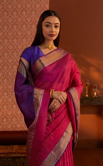 Pink Woven Silk Maheshwari Saree