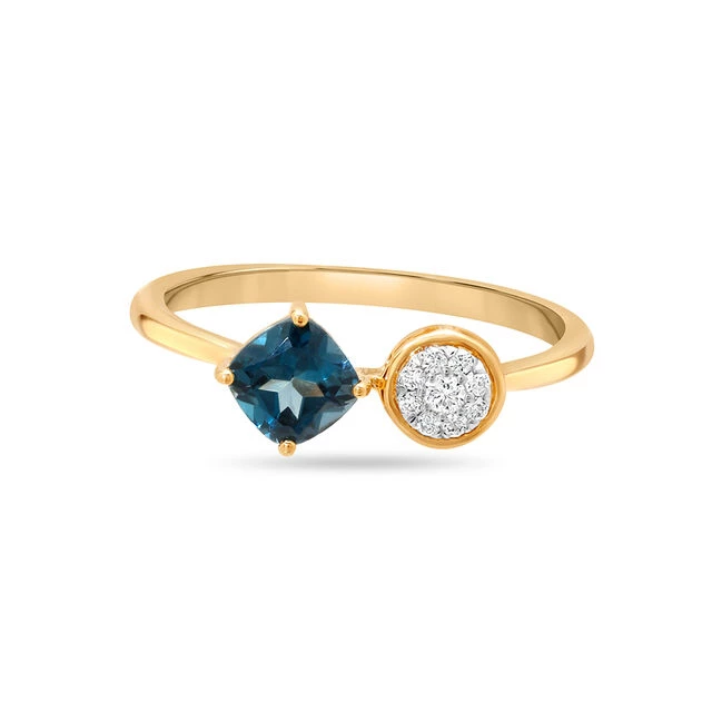 14KT Yellow Gold Rare Pair Diamond and Blue Topaz Ring