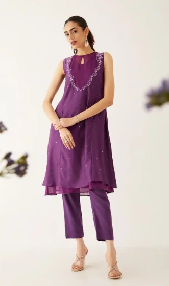 Violet Silk Cotton Embroidered Kurta Set