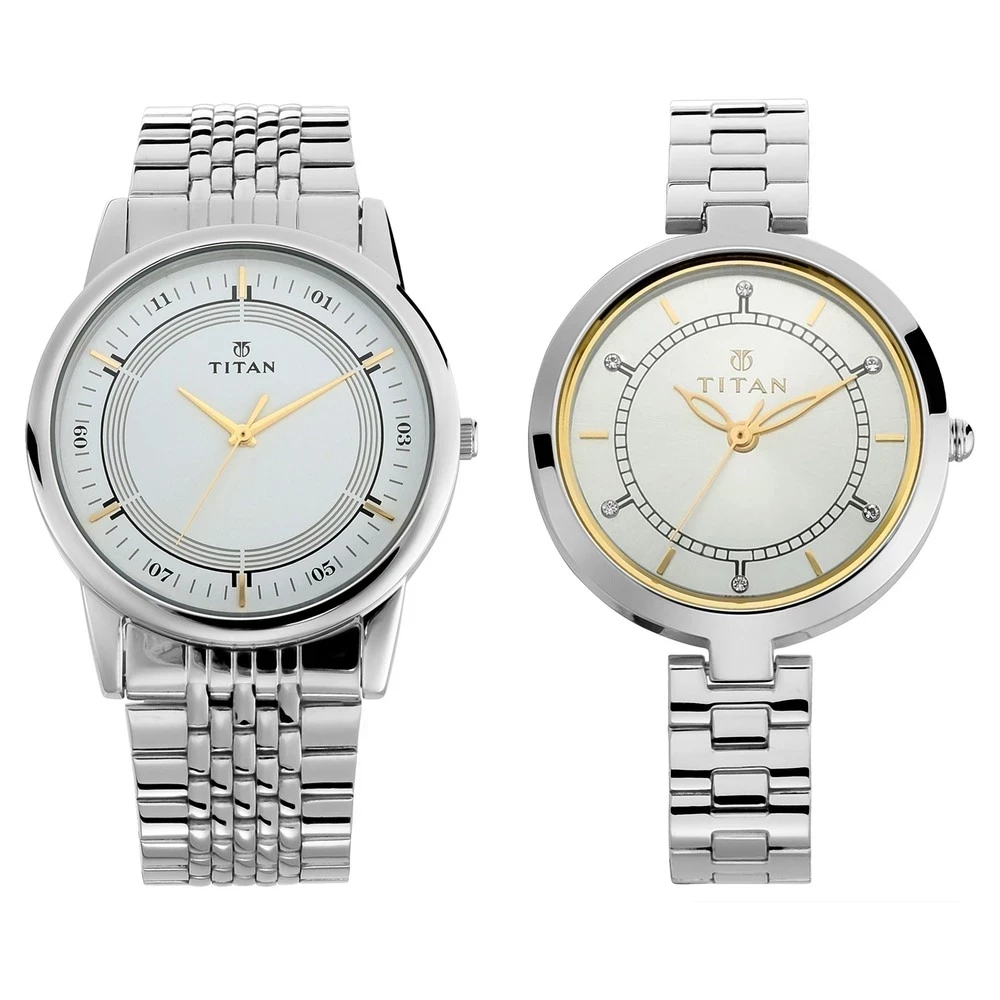 Bandhan Silver White Dial Stainless Steel Pair Watches