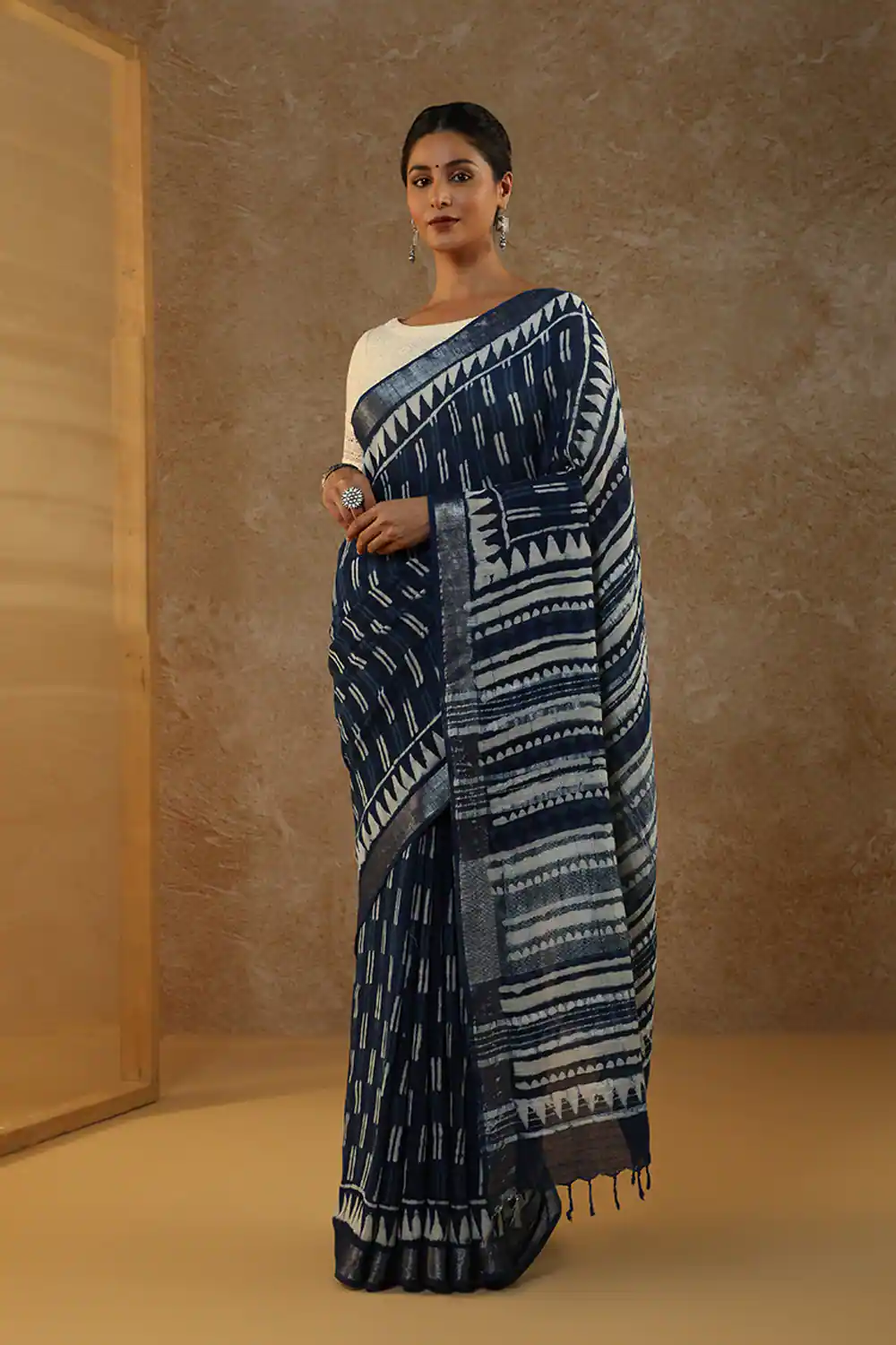 Blue Block Printed Pure Cotton Linen Saree by Taneira