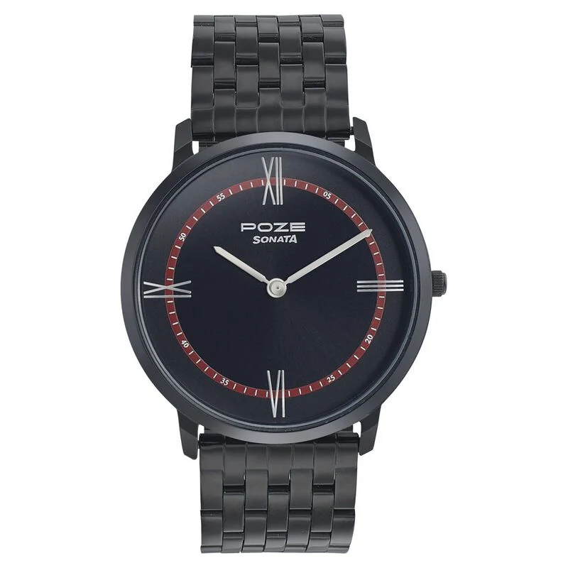 Sonata Poze Quartz Analog Black Dial Metal Strap Watch for Men