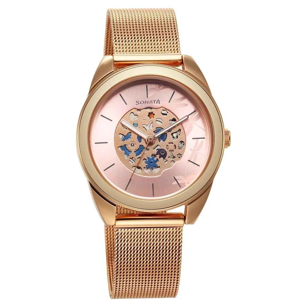 Sonata Unveil Pink Dial Stainless Steel Strap Watch for Women