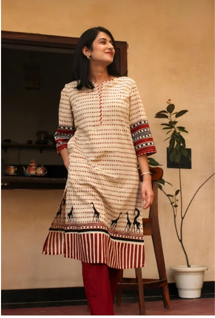 Beige Bagru Block Printed Pure Cotton Kurta