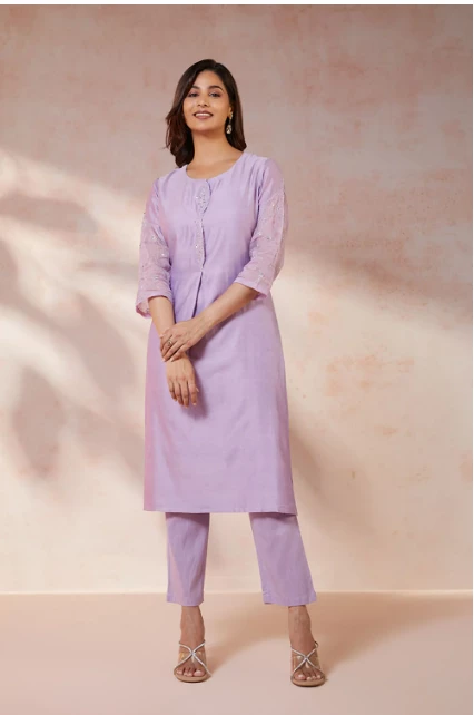 Violet Pure Silk Cotton Embroidered Kurta Set