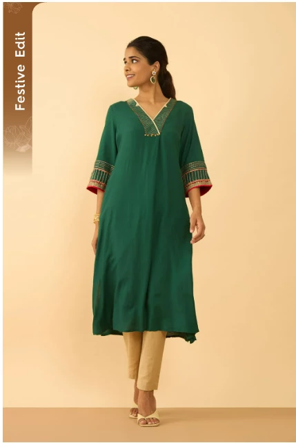 Green Viscose Embroidered Kurta