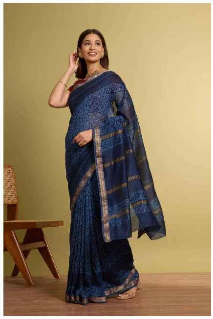 Dark Blue Pure Silk Cotton Batik Saree