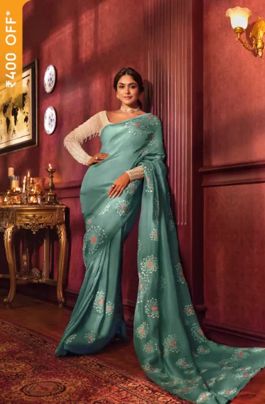 Blue Embroidered Viscose Tissue Saree