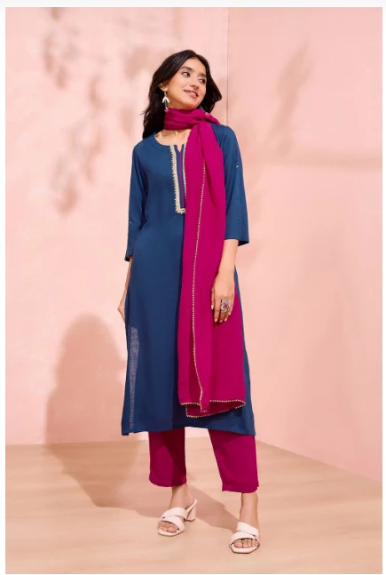Blue Viscose Embroidered Kurta Set