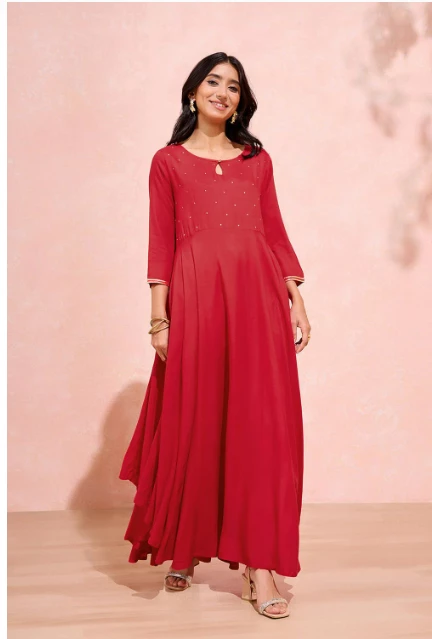Red Viscose Embroidered Kurta