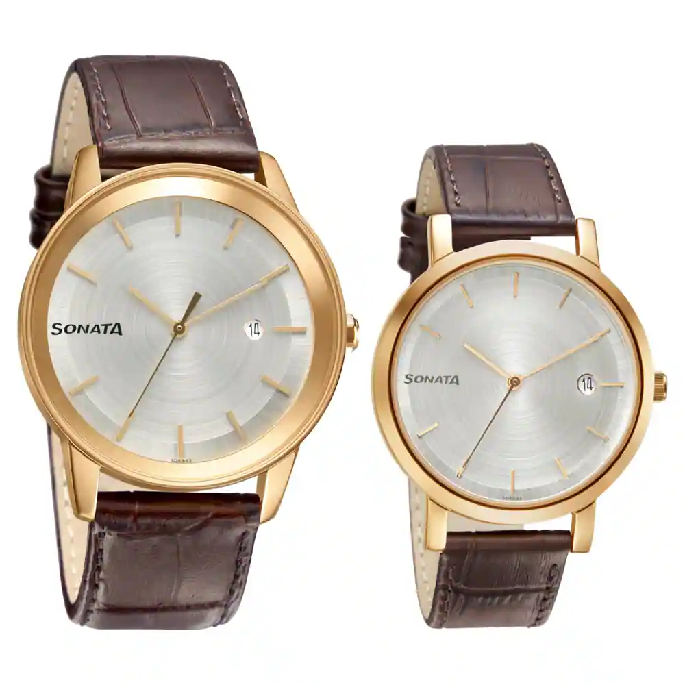 Sonata Quartz Analog with Date White Dial Watch for Couple With Brown Colour Leather Strap