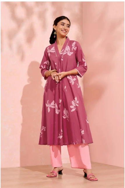 Dark Pink Screen Printed Pure Cotton Kurta