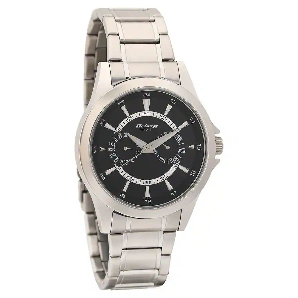 Titan Quartz Multifunction Watch for Men Black Dial With Stainless Steel Strap